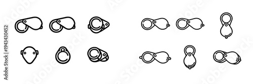 Set of jeweler loupe icons in black line art style showing different angles of magnifying glasses for jewelry inspection and diamond grading