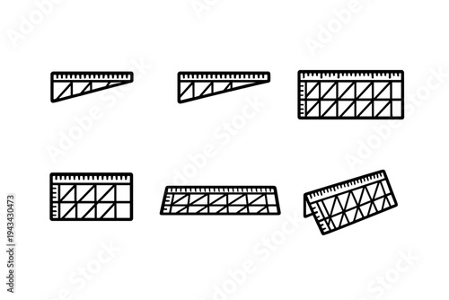 Collection of black and white linear icons representing various measuring rulers and drafting tools with geometric patterns on white