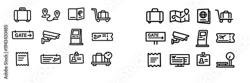 Set of airport and travel line icons including suitcase passport boarding pass security camera and luggage scale for tourism design