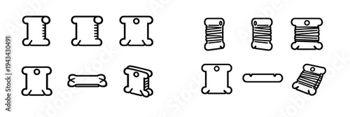 Set of minimalist line icons depicting various thread bobbins and spools for sewing embroidery and craft projects on a white background