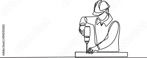 Continuous one line drawing carpenter is drilling wood. Construction worker in uniform and helmet doing work. one line art icon drawing vector