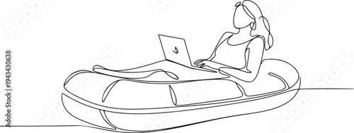 woman lying on inflatable boat while working with laptop. one line art icon drawing vector