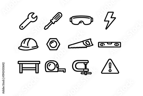 Construction and home improvement tool icons including wrench screwdriver safety goggles hard hat saw tape measure and level