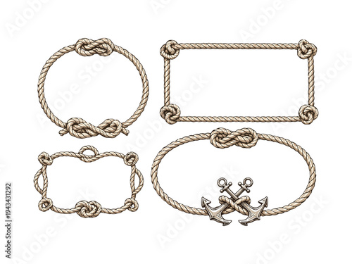 Vintage Nautical Rope Frames with Sailor Knots and Anchors – Marine Rope Borders Decorative Vector Set