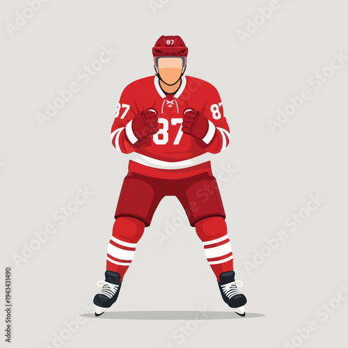 Ice Hockey Player in Red Uniform with Number 87, Ready to Play
