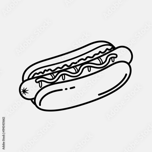 Hot Dog Icon Line Art, Simple Vector Illustration of a Classic Hot Dog with Mustard