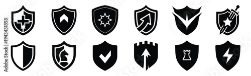 strategic shield icon set collection in silhouette vector style. Production icon collection vector illustration.