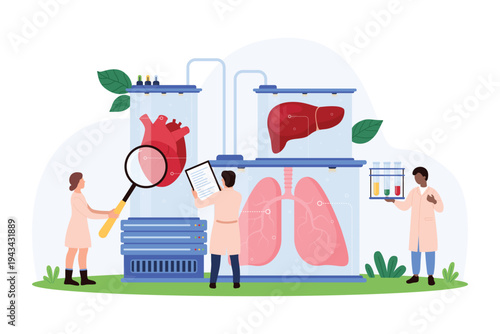 3D printing, biological growing and analysis of human organs for transplantation in surgery. Tiny people research heart, lungs and liver in lab tube with magnifying glass cartoon vector illustration