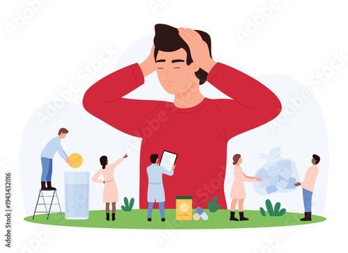 Vector illustration of tiny people diagnosing and treating a man with a migraine, focusing on healthcare, pain relief, medical intervention, and wellness management.