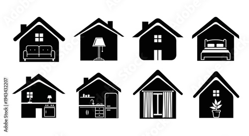 Collection of Black House Icons with Interior Furniture and Rooms