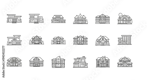 Collection of Diverse House Architectural Styles - Black and White Icons