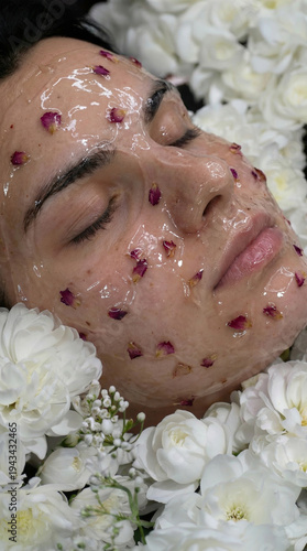 Woman With Rose Petal Facial Among White Flowers
