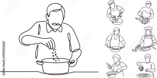 Old man give seasoning for cooking. Collection of cartoon man and woman preparing food.one line art icon drawing vector