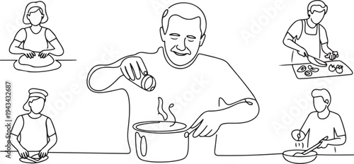 Old man give seasoning for cooking. Collection of cartoon man and woman preparing food.one line art icon drawing vector