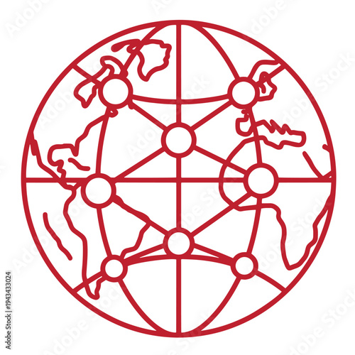 red line globe with connected dots on white background representing global connections and networks