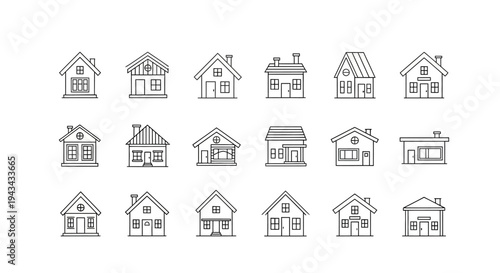 Collection of Hand-Drawn House Icons, Diverse Architectural Styles, Vector Graphics