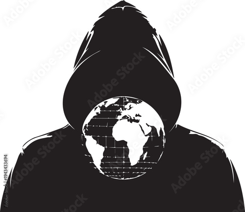 Anonymous hooded figure with a globe and digital data streams symbolizing global cybercrime data breach hacker attack