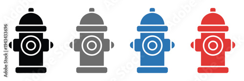 Fire Hydrant Icon Pack Featuring Vector Illustrations of Emergency Water Supply Equipment for Firefighting Safety Preparedness Urban Infrastructure and Public Protection Design
