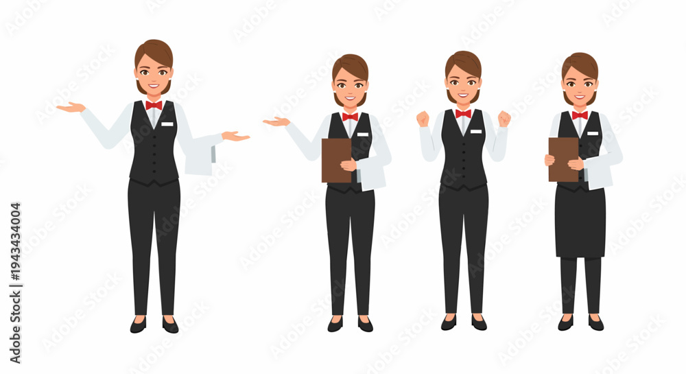 Obraz premium Four poses of a friendly female waitress character in uniform, presenting and holding a menu.