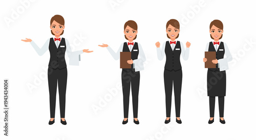 Four poses of a friendly female waitress character in uniform, presenting and holding a menu.