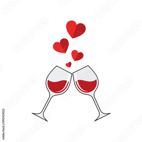 Couple toasting with red wine glasses, hearts rising, romantic celebration