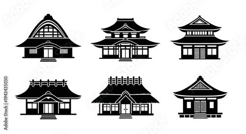 Collection of Traditional Japanese Houses and Temples Icons, Black Silhouette