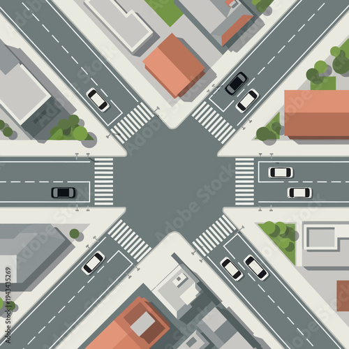 Aerial View of Busy City Intersection with Cars and Crosswalks