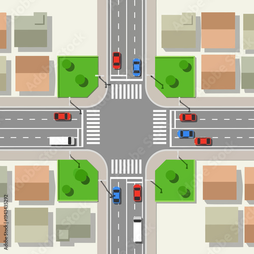 Aerial View of Busy City Intersection with Cars and Pedestrian Crosswalks