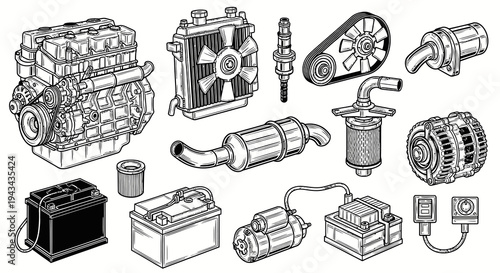 Car Engine Parts and Automotive Components Illustration
