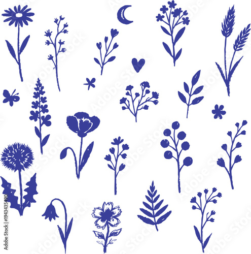 Grunge minimal charcoal or chalk spring summer flower collection. Wax crayon drawing style. Vector illustration of ink hand drawn wild herbs set. Wax crayon drawing style. Floral silhouette elements