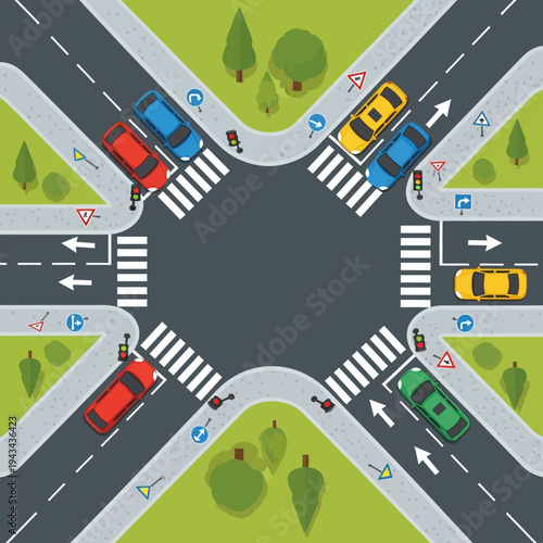 Busy Four-Way Intersection with Traffic Lights and Cars