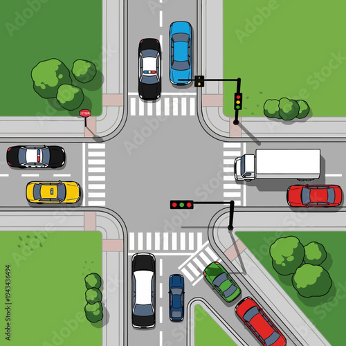 Busy city intersection with cars, police, taxi, truck, and traffic lights