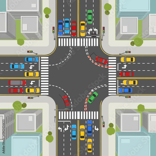 Busy City Intersection with Traffic and Pedestrian Crosswalks - Top View