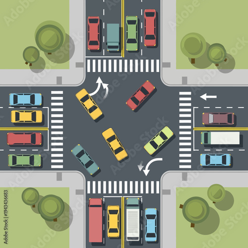 Busy City Intersection with Traffic Congestion and Cars