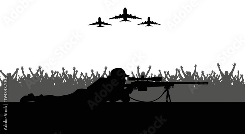 Sniper Aiming at Crowd with Airplanes Flying Overhead