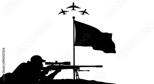 Sniper Aiming Rifle Flag Airplanes Silhouette Military Concept