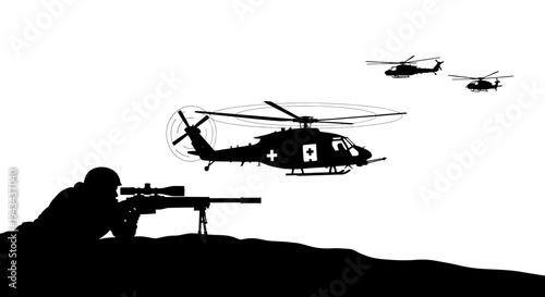 Sniper Aims at Medical Helicopter, Military Operation, Danger, Conflict, Rescue Mission