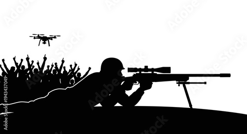 Sniper Drone Surveillance: Soldier Aims Rifle, Crowd Below, Military Technology