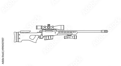 Sniper Rifle with Scope - Detailed Line Drawing Illustration