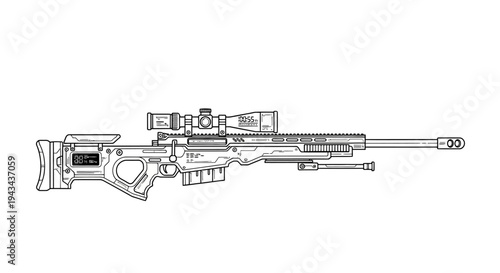 Sniper Rifle with Scope and Bipod - Detailed Line Art Illustration
