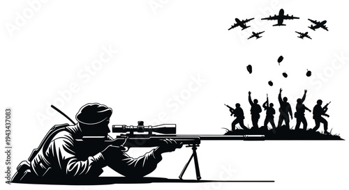 Sniper soldier aiming at enemy forces with bombers overhead dropping supplies