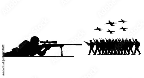 Sniper soldier aiming at marching soldiers and flying airplanes silhouette