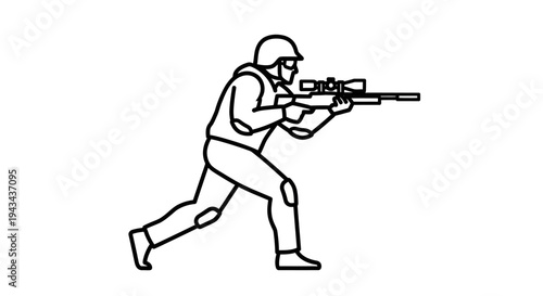 Sniper soldier aiming rifle, tactical gear, military action, combat pose, outline illustration