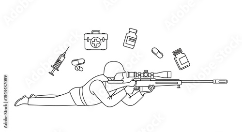 Sniper soldier aiming with rifle, surrounded by medical supplies, pills, and syringe.