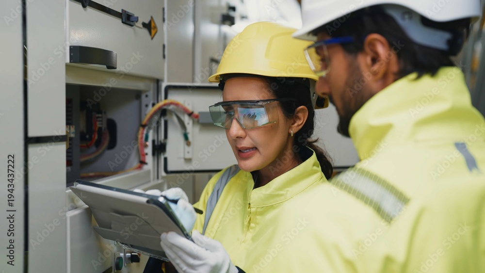 Αυτοκόλλητο Two engineers confer on tablet to schedule preventive maintenance and assign service tasks for refrigeration equipment