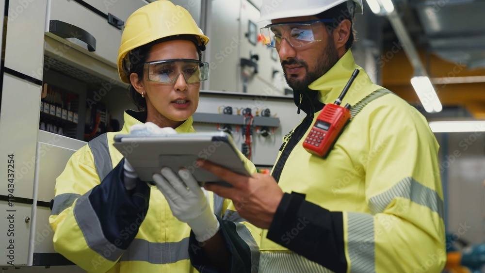 Foto Engineers test safety interlocks, emergency shutdowns and alarm thresholds on the compressor control panel