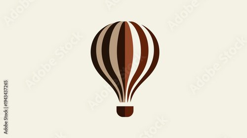 Illustration of a striped hot air balloon, rendered in warm brown tones, floating against a light background