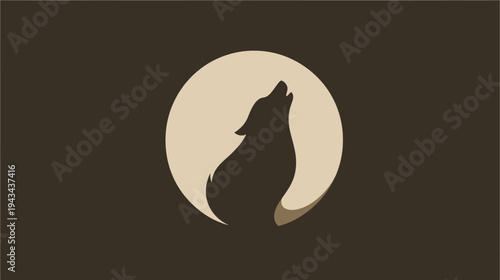 Silhouetted canine howling at a light beige sphere, dark brown background. Abstract & minimalist