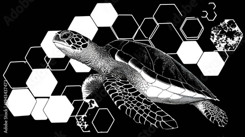 Black and white illustration featuring a sea turtle surrounded by interconnected geometric shapes