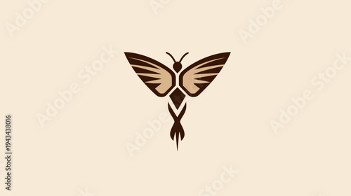 A stylized butterfly design with patterned wings and an elongated body, set on a cream backdrop